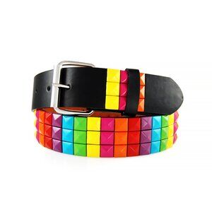 Rainbow Colorful Studded Leather Belt Unisex 3-Rows Metal Pyramid Size Medium